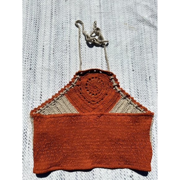BOG Collective Top Medium Orange Cropped Crochet Halter Neck Twist 90's Womens - Picture 5 of 13